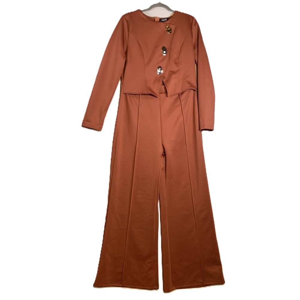 ChicMe Rust Terracotta Wide Leg Jumpsuit XL Long Sleeve Button Detail ODF4697